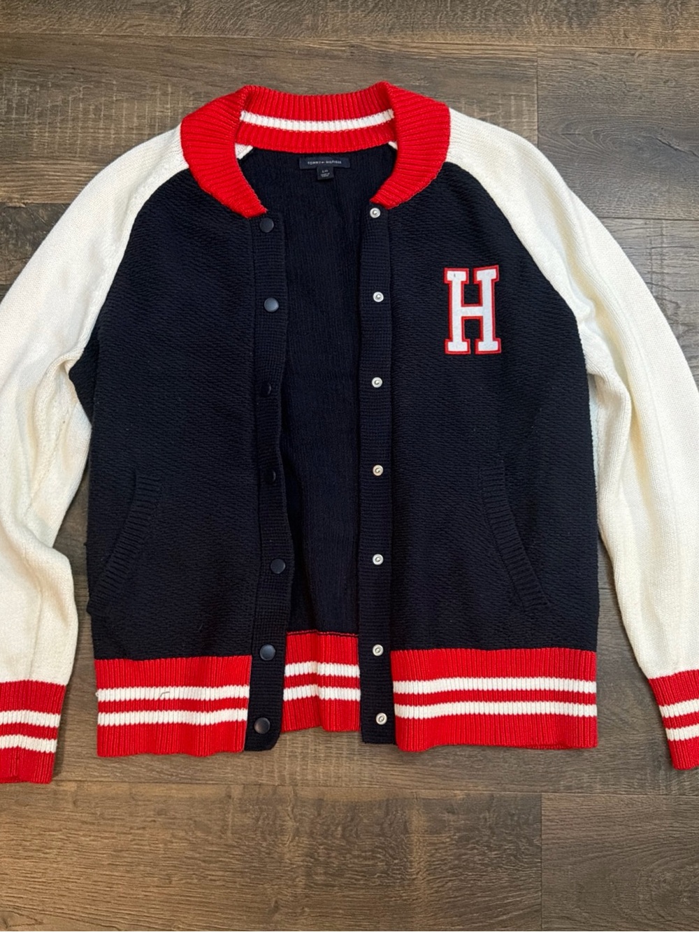 Tommy Hilfiger Mens Varsity Cardigan Sweater Large Navy Red White H Letterman